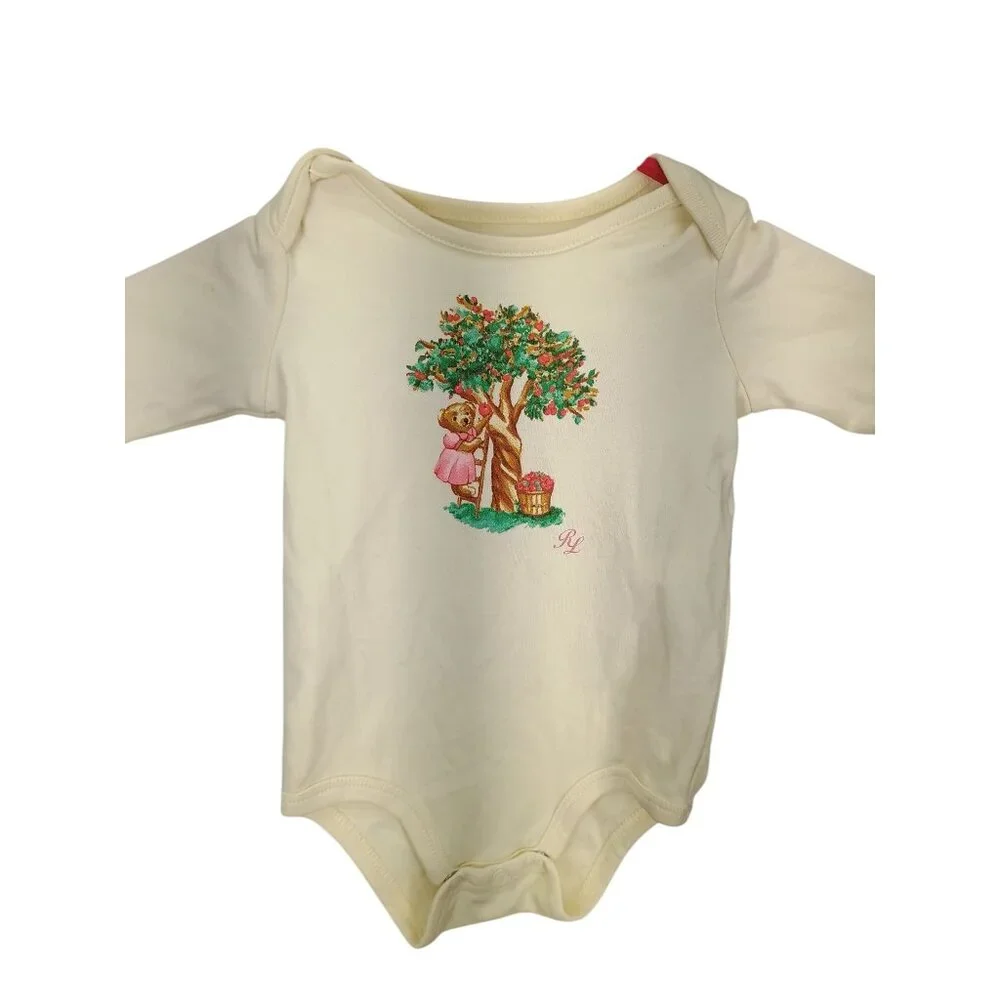 Ralph Lauren Baby White Long Sleeve Onesie With Bear & Tree‎ Print